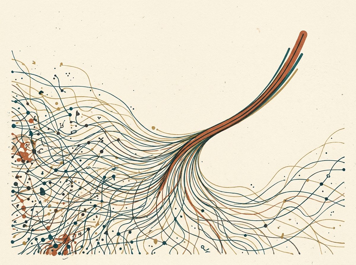 Illustration of tangled data streams converging into a single clean upward-trending signal